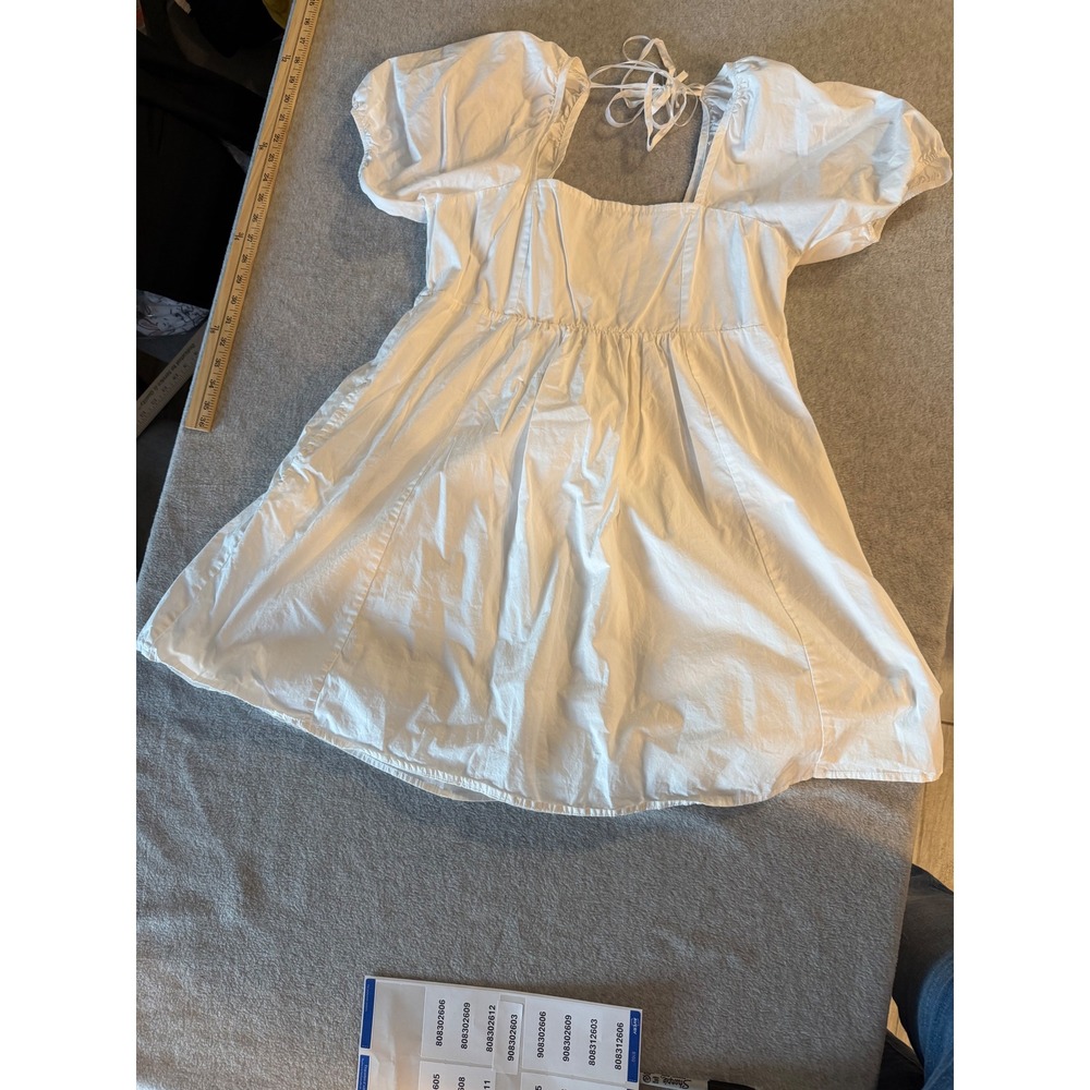 Draper James White Cotton Puff Sleeve Smocked Back Tie Mini Dress Size Medium